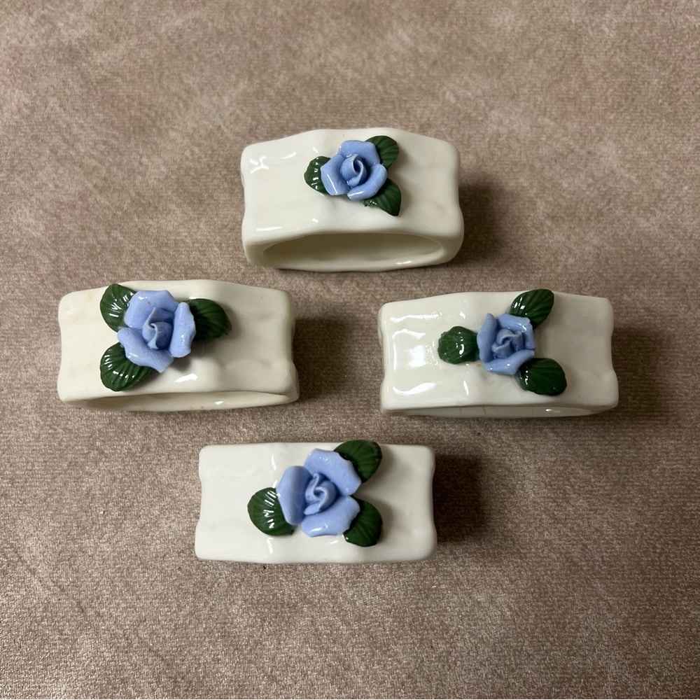 Genuine Porcelain Blue Rose Green Leaves Napkin Rings Set Of Four